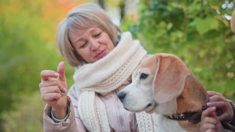 woman coaxing distracted beagle by raising treat, dog turns head away, child holds leash loosely amid autumn leaves, cozy jackets and scarves, sunlit foliage background