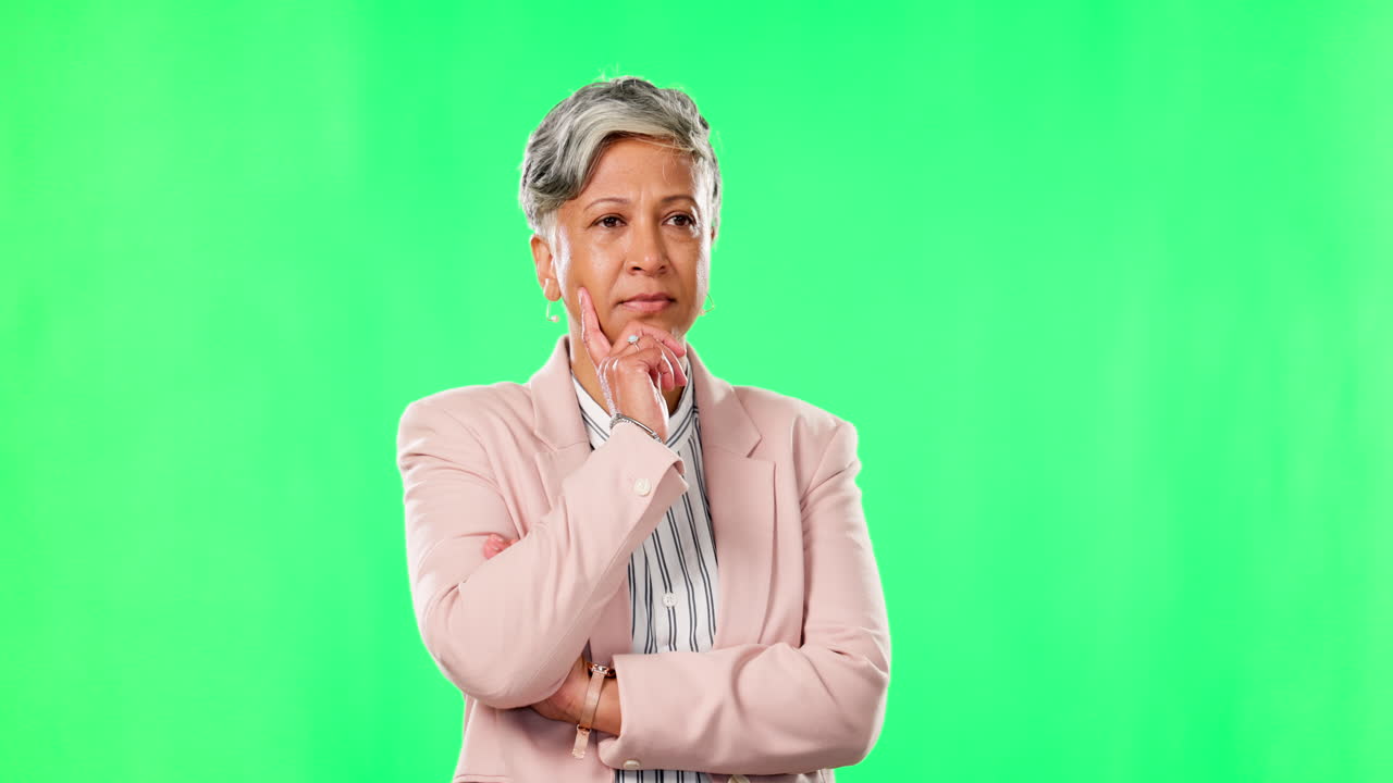 Green screen, thinking and senior business woman