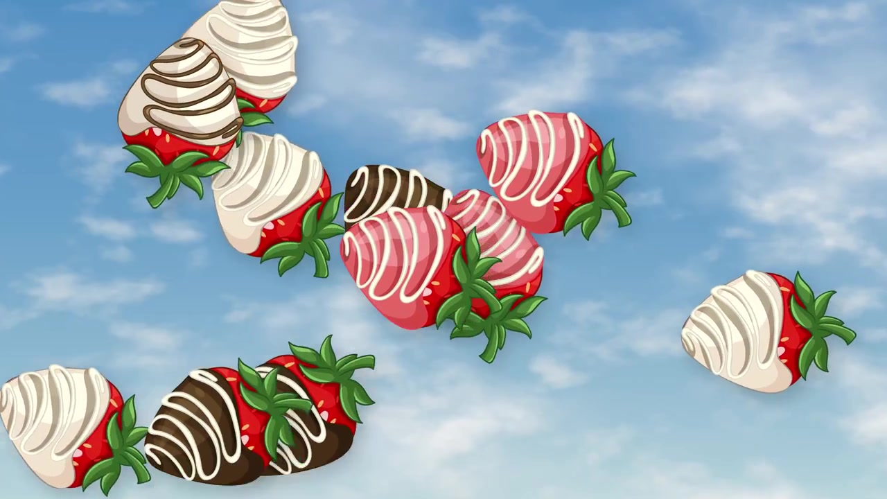 Fragole ricoperte di cioccolato esplodono e fluttuano in un cielo azzurro brillante con soffici nuvole bianche