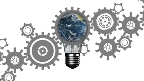 globe in a light bulb and gears