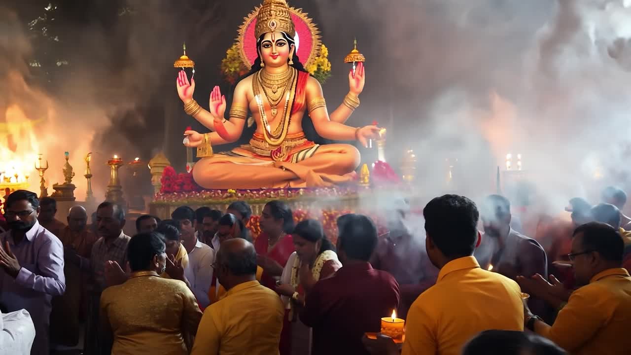 행렬과 헌신을 가진 힌두교 종교 의식