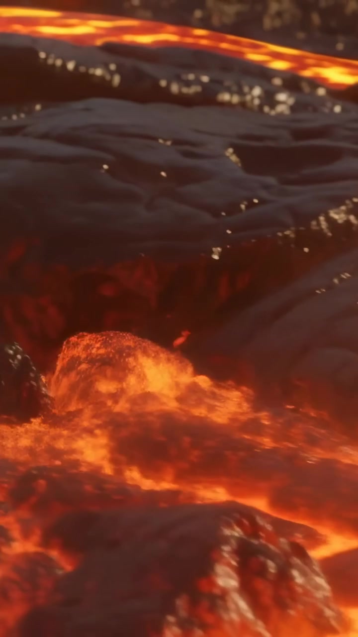 Video verticale: Pressione crescente sotto un flusso di lava fusa che spinge la crosta ad aprirsi da vicino, con fessure.