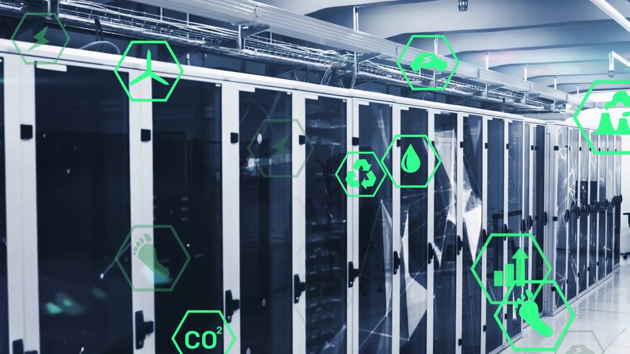Camera tracking glass server racks along data center aisle, monitoring system sending hex overlays