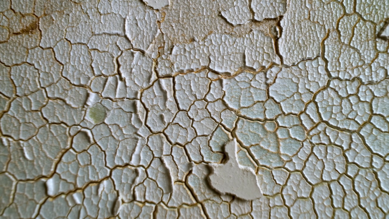 Cracked Paint Texture On Aged Surface, Abandoned Factory Wall Feel With Flaking Layers, Pale Beige And Warm