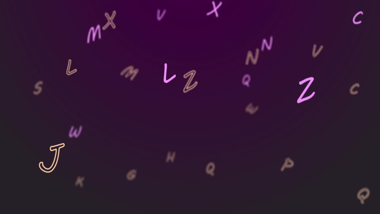 animación digital de múltiples alfabetos flotando y moviéndose contra un fondo púrpura