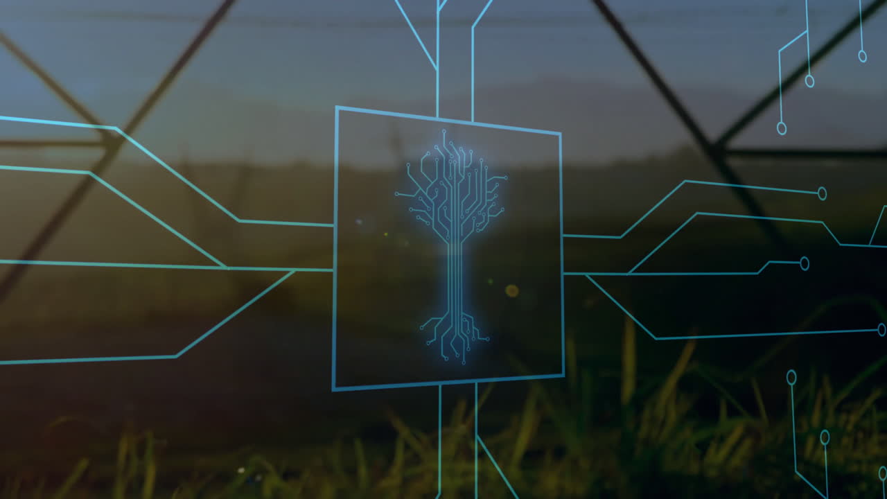 Overlaying outdoor landscape, digital tree circuit design with grass and structures