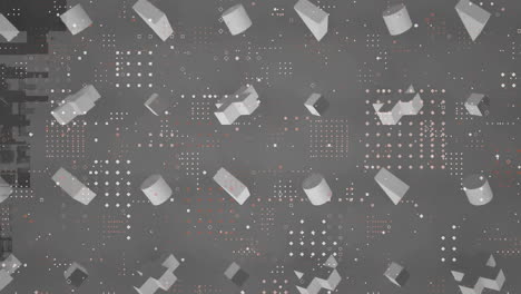 animation of rows of 3d shapes rotating over data processing on dark grey background