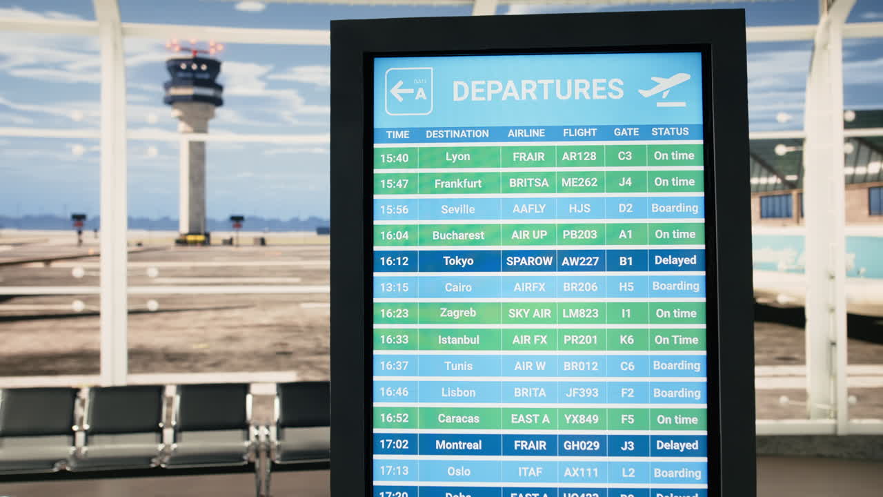Lounge aeroportuale vuota con vista sulla pista e tabellone che mostra i dettagli dei voli