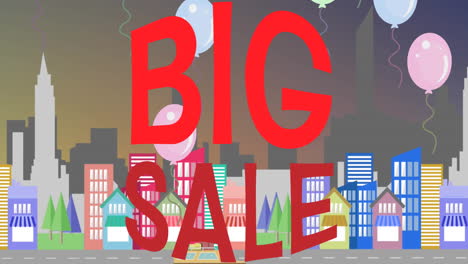 animación de un gran banner de texto de venta y globos flotando contra el paisaje urbano en un patrón sin costuras
