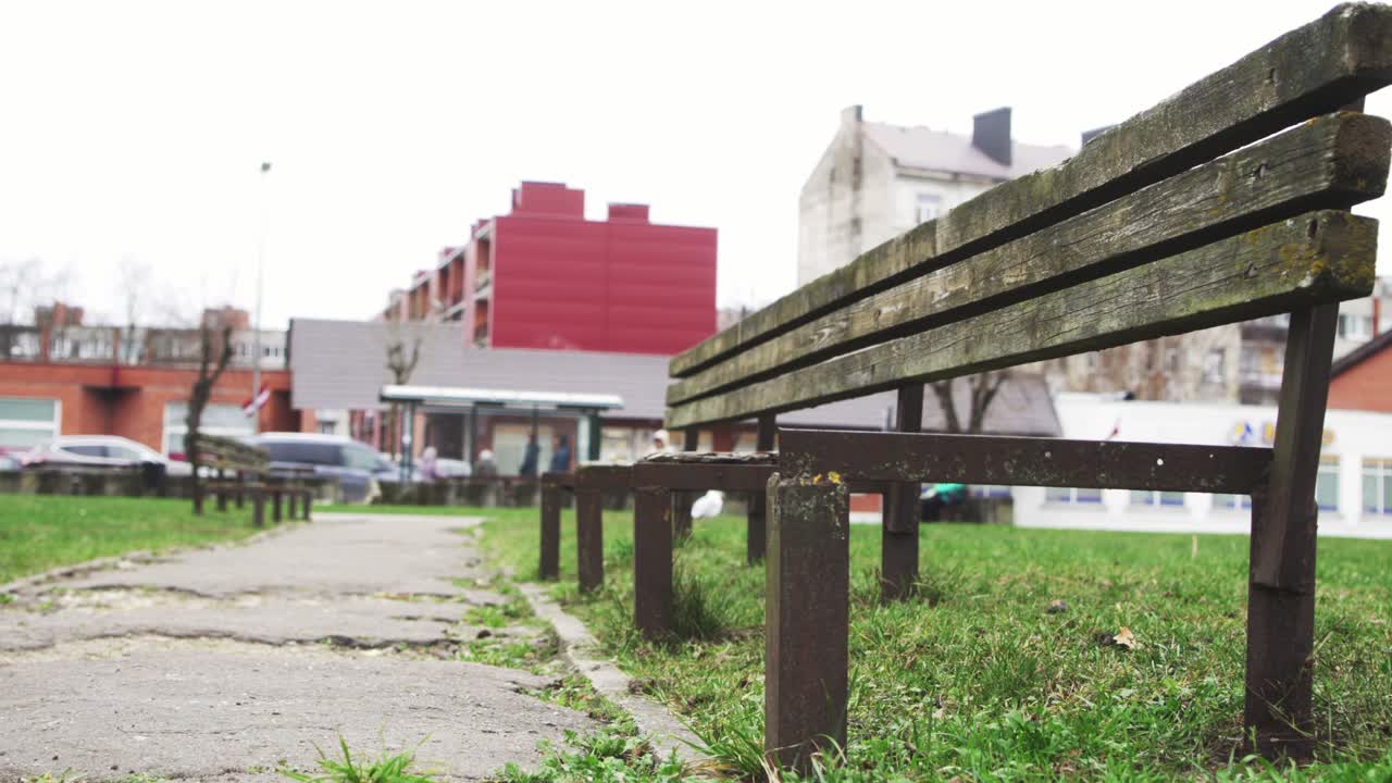 길을 지나가는 갈매기와 함께 라트비아의 거리에 버려진 벤치