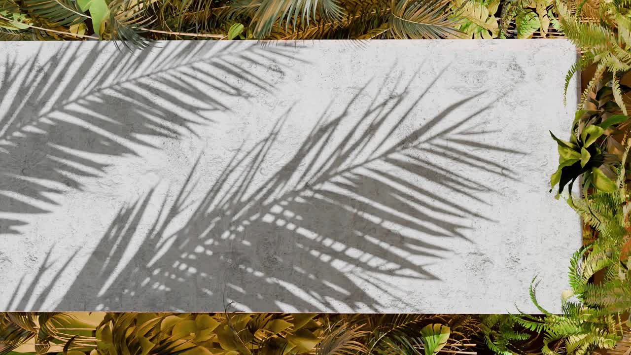 Shadow of tropical palm leaves on white concrete wall with yellow jungle foliage frame. Nature inspired template background. Summer vacation and exotic botanical concept. Design for banner. vertical