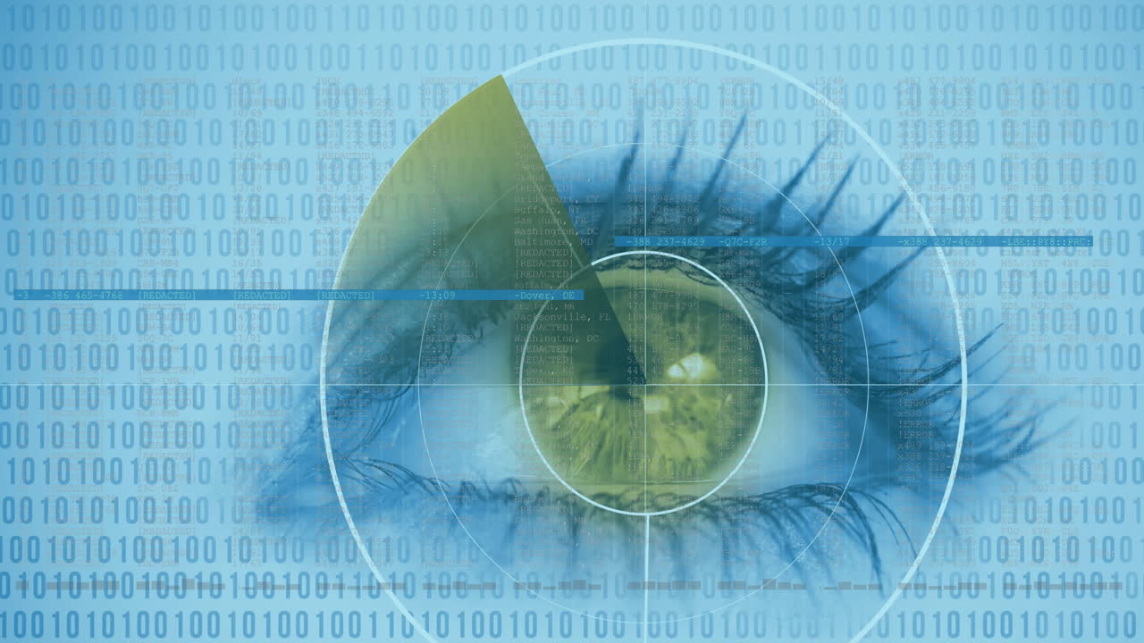 Animation of woman's eye with circular scope scanning iris and digital information