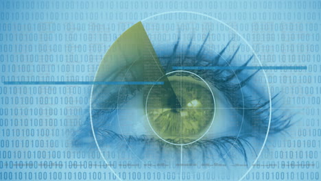 animación del ojo de una mujer con un telescopio circular que escanea el iris e información digital