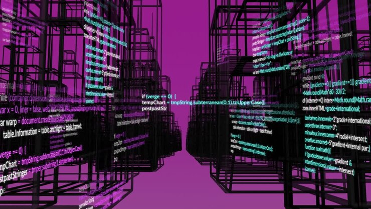 Animation of data processing over digital city on pink background