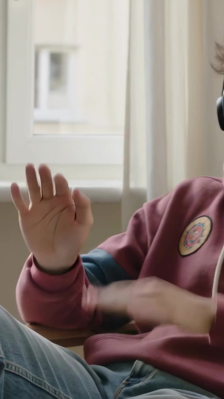 Video verticale: Un adulto con maglietta bordeaux che raggiunge il davanzale, tamburellando sulle ginocchia in jeans e studiando con una pila di libri