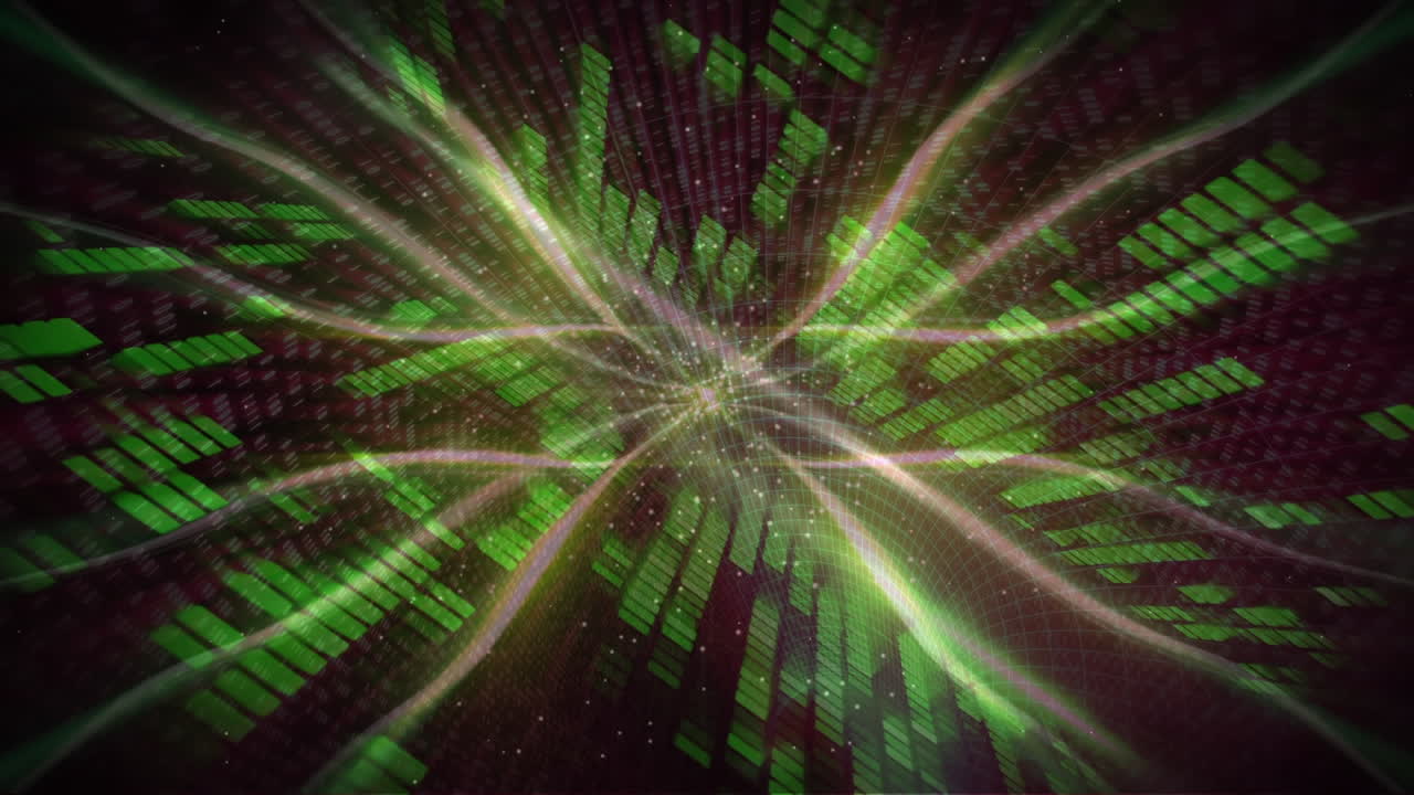 Digital animation of light waves over green mosaic squares spinning against black background