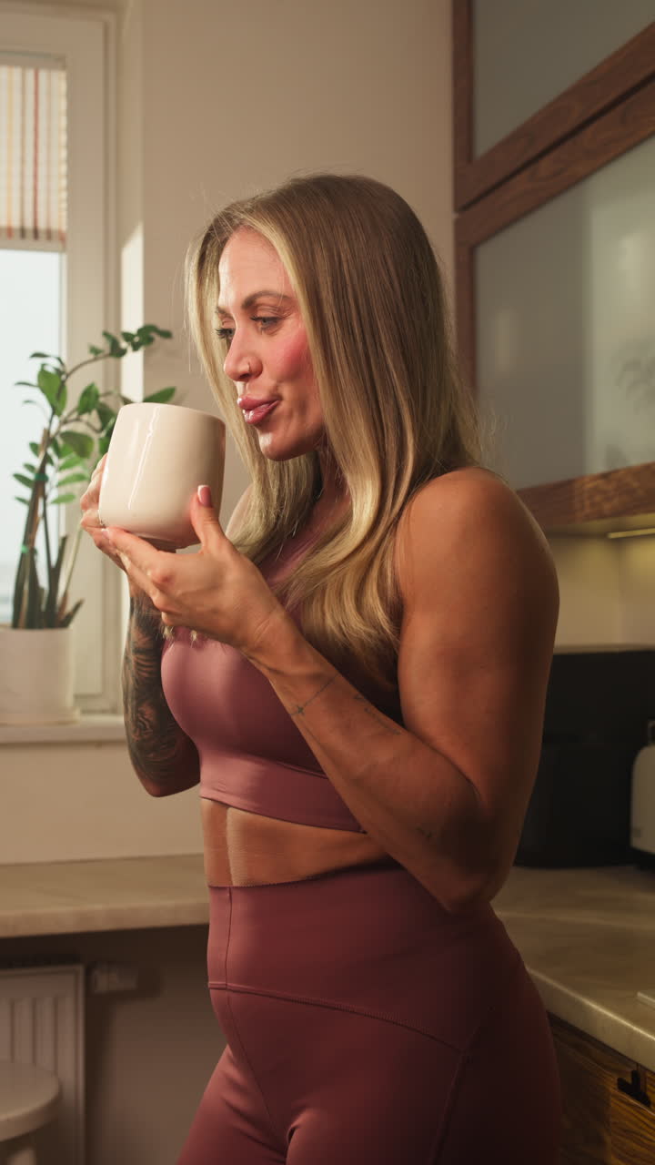 Donna fitness che beve caffè al mattino. Primo piano verticale.