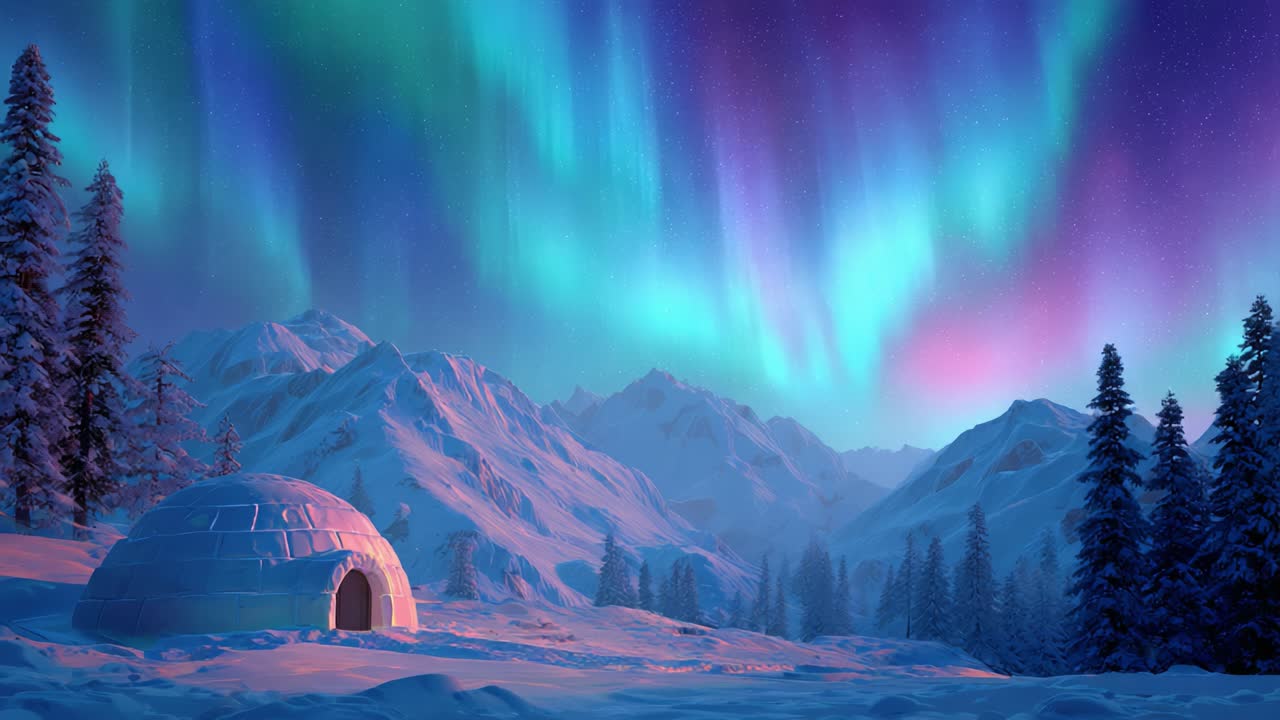 A Stunning Aurora Borealis Illuminates a Snowy Mountain Landscape with an Igloo, Showcasing a Mesmerizing Display of Colorful Lights in the Arctic Night Sky