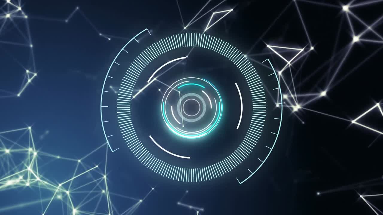 animación de escaneo de alcance circular y red de conexiones flotando en un fondo oscuro