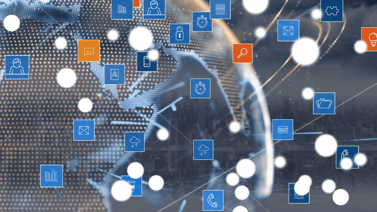 animación de la red de conexiones con iconos sobre el paisaje urbano