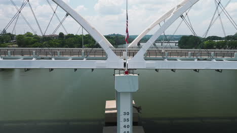 broadway bridge with water level markers and flags of america and arkansas