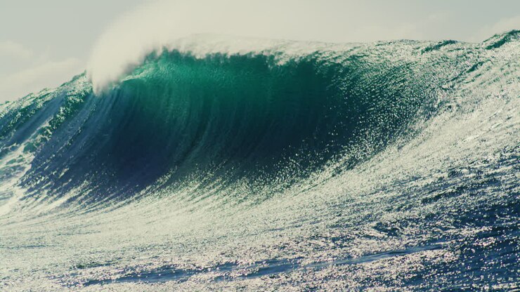 Big wave glistens with intense texture as it crashes on surface of water