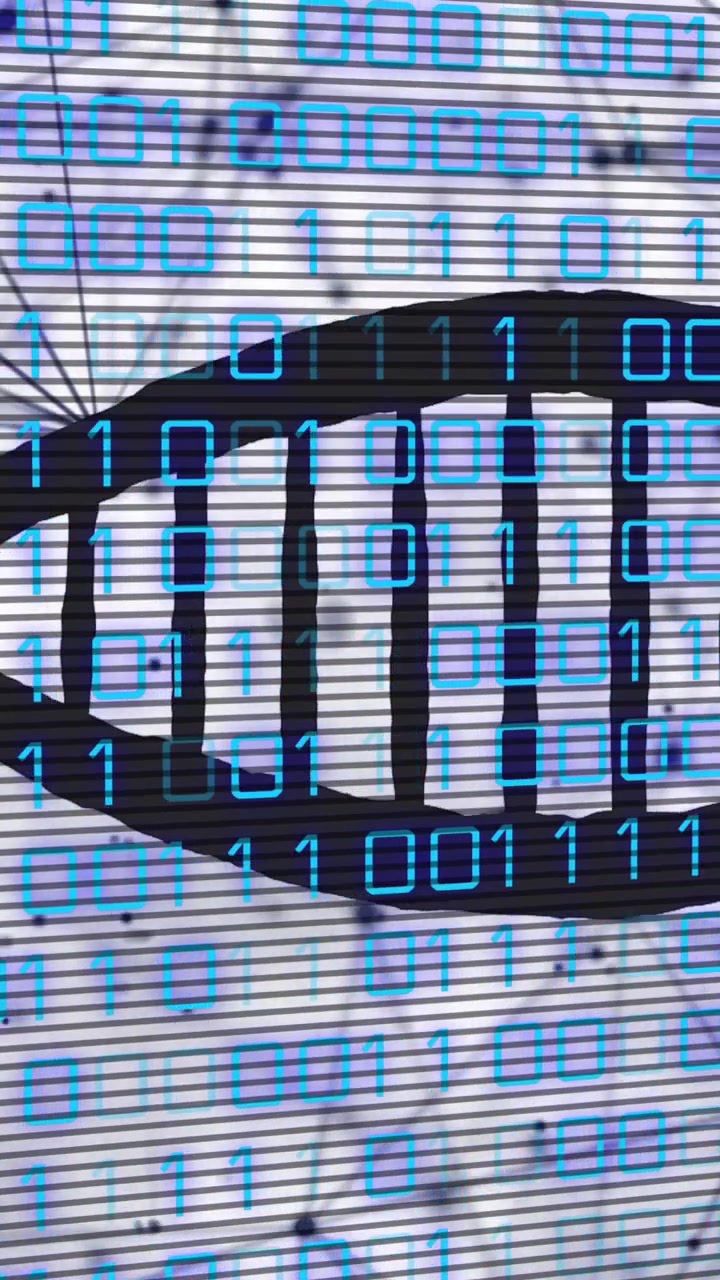 Animation of dna strand with binary coding data processing over network of connections