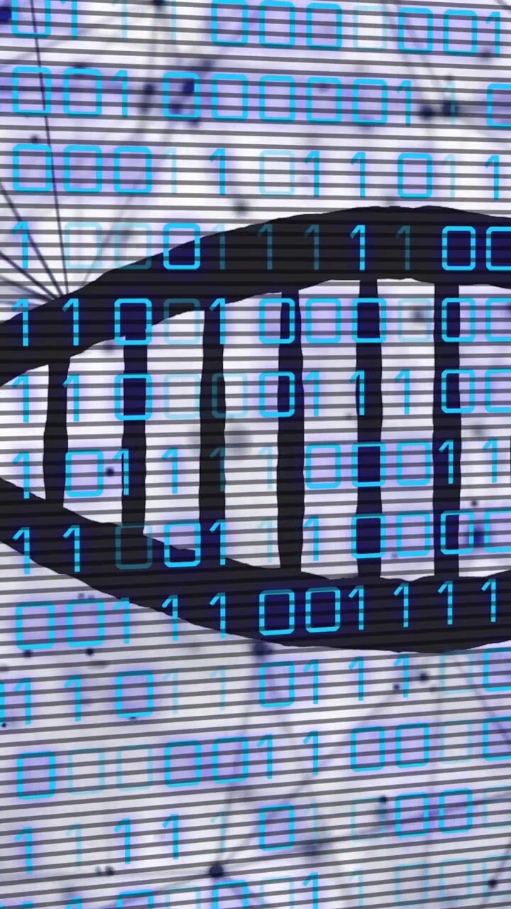 Animation of dna strand with binary coding data processing over network of connections