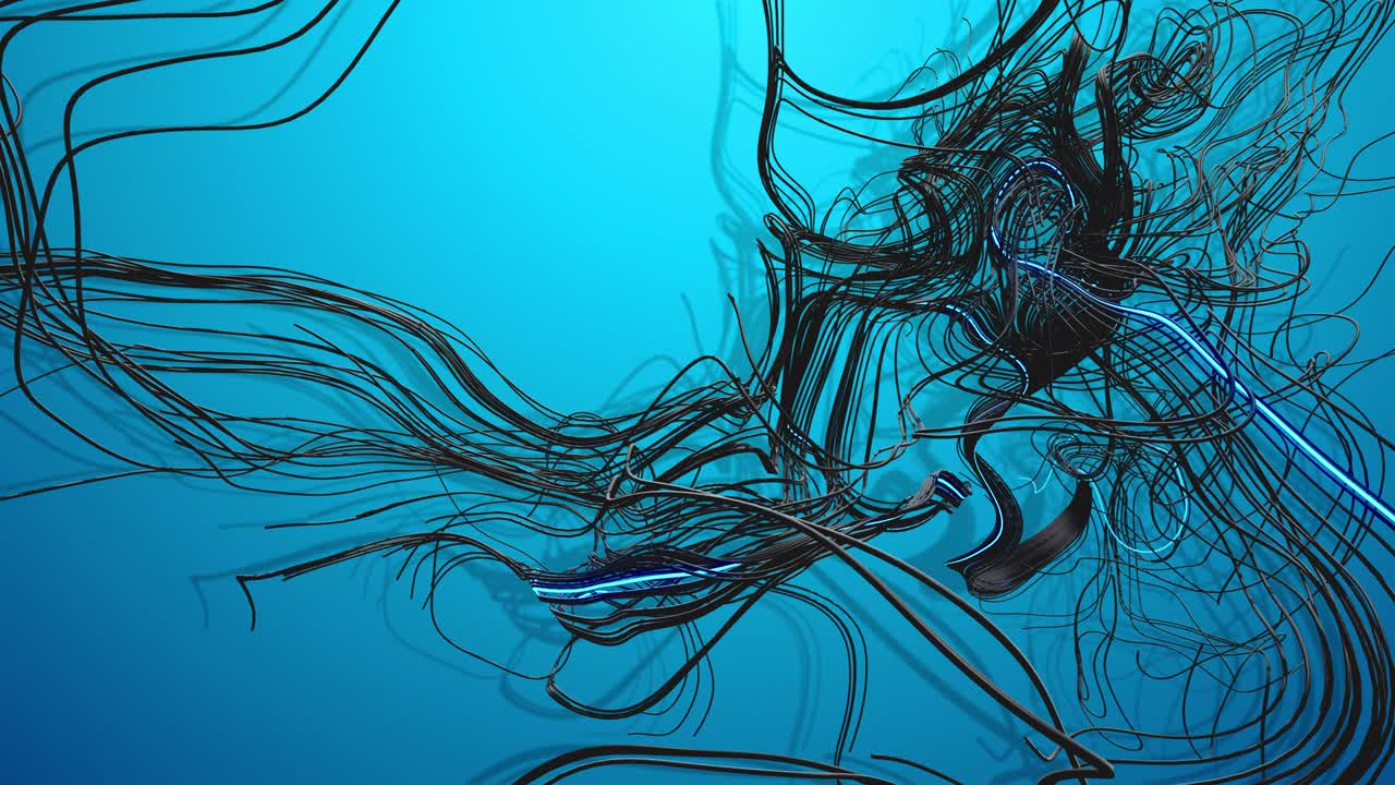 AI signals. 4k abstract looped bg. Multicolor flash of curved lines. Concept of computing neural network, artificial intelligence. Neon lights like garland or lightnings. Luma matte as alpha channel