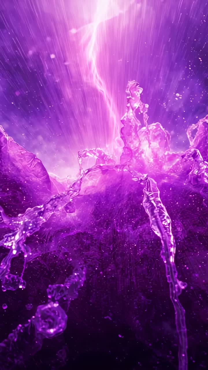 Vertical video: Rising purple crown and center column reacting to upward jet under beam macro drops