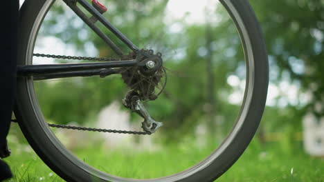 close-up of rotating bicycle rear wheel and gear system, the wheel spins briefly with a blurred greenery background, with partial view of the cyclist visible close to the bicycle