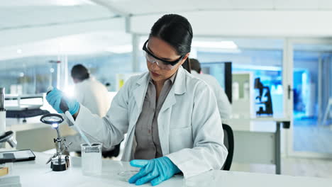 investigador, gotero o científico en el laboratorio