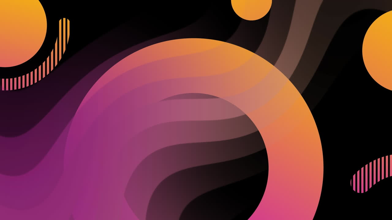 Animation of colourful circles over pink and orange waves on black background