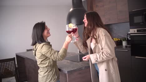 dos mujeres, una pareja de amigas beben vino en el interior de la cocina en casa brindando animando con vaso sonriendo, hablando y riendo