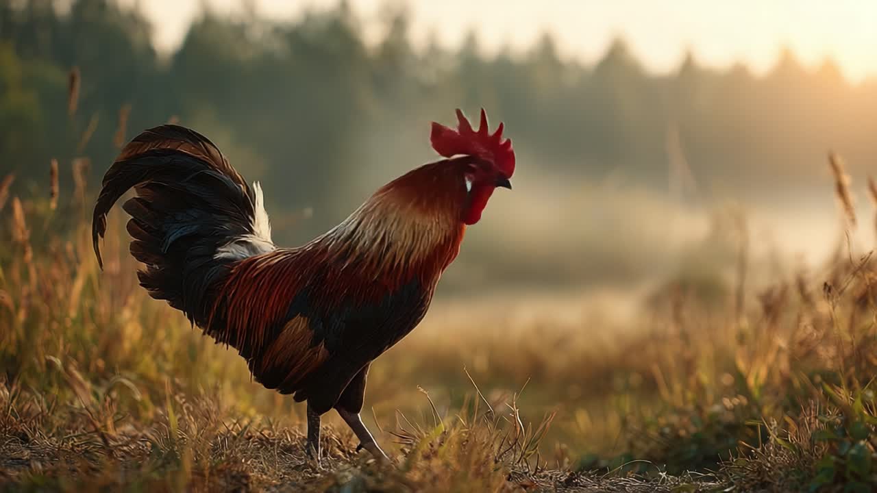Yemyeşil bitki örtüsüyle çevrili, yumuşak sabah ışıklarıyla yıkanmış, şafakta gururla duran görkemli bir horoz, doğanın ve yaban hayatının güzelliğini gözler önüne seriyor.