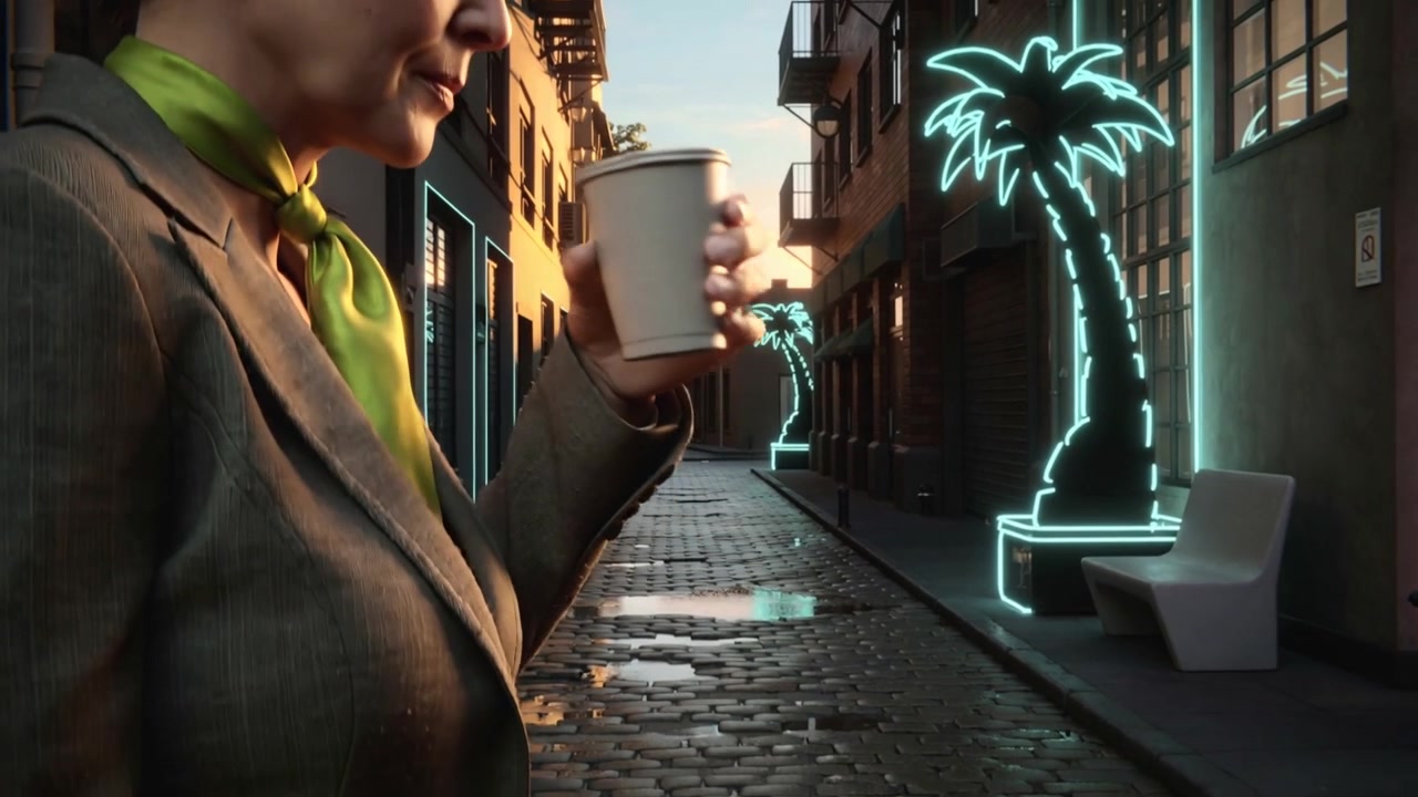 Portando la tazza alle labbra, donna con blazer verde e sciarpa in pausa nel vicolo mentre appoggia la tazza sul tavolo, spazio per il testo