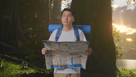 hombre mirando un mapa en un bosque