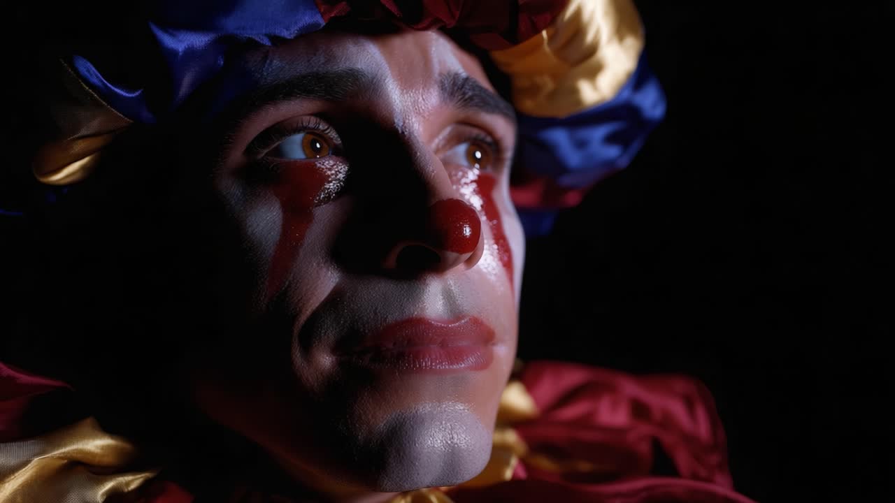 A Deeply Emotional Portrait of a Clown Capturing the Complexity of Joy and Sorrow in a Scene Highlighted by Subtle Lighting and Reflective Expressions