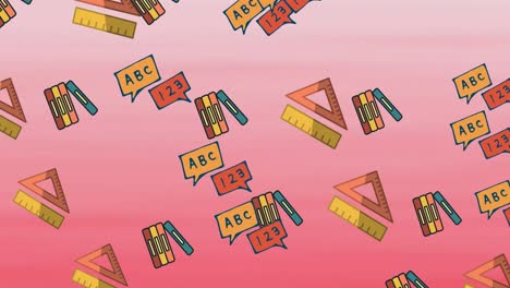 animación de abc y 123 texto en burbujas de habla con reglas y libros flotando en rosa