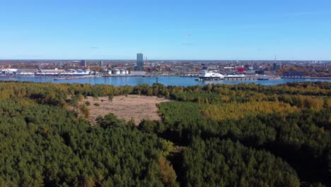 aerial fly-by towards a port in klaipeda, lithuania