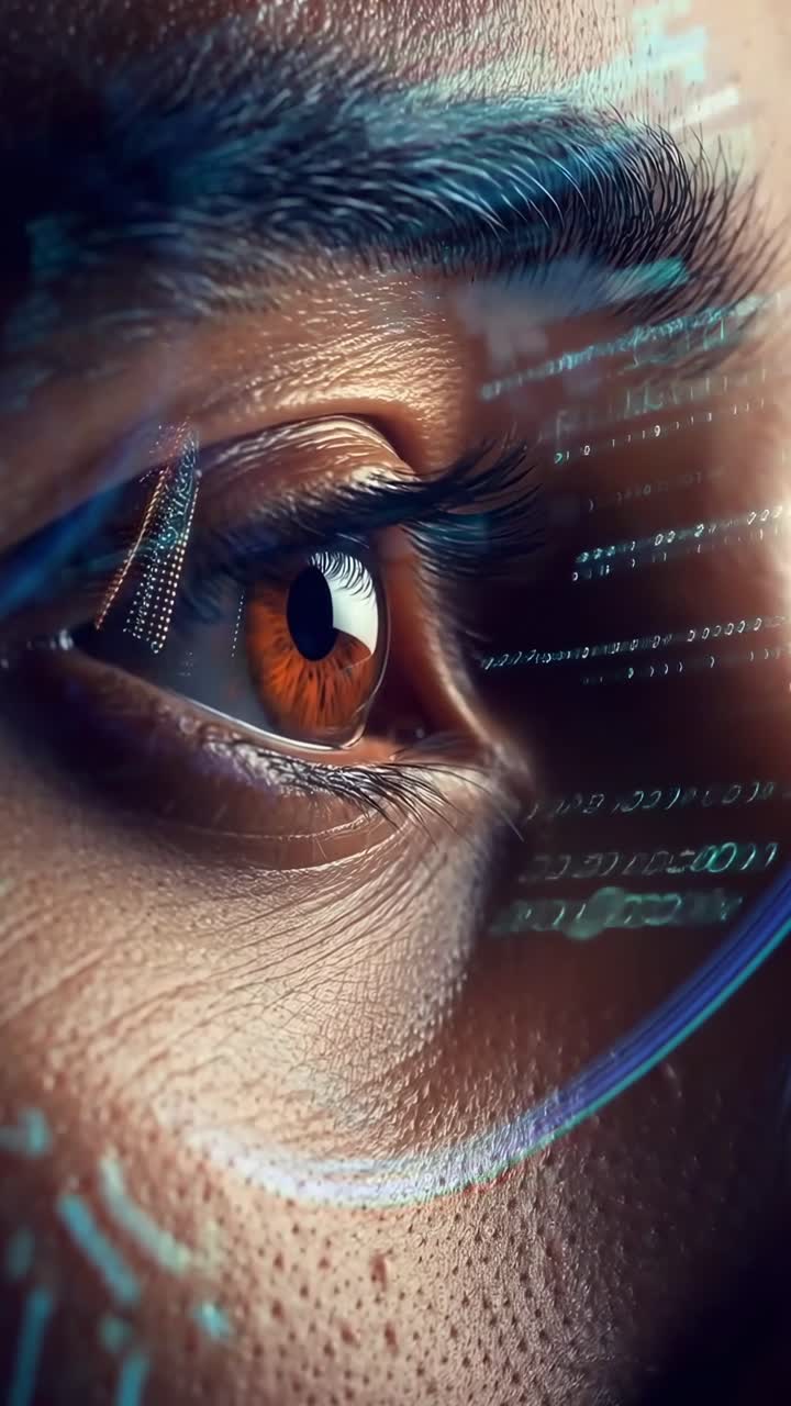 Close-up of an eye with digital overlays, suggesting a futuristic video concept