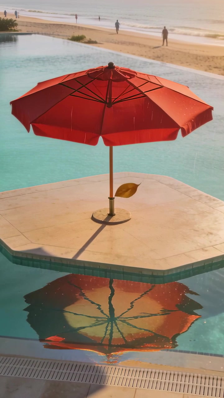 Video verticale: Foglie trasportate dalla brezza che passano un ombrellone rosso sulla piscina, con il riflesso che si increspa, abbigliamento da spiaggia.