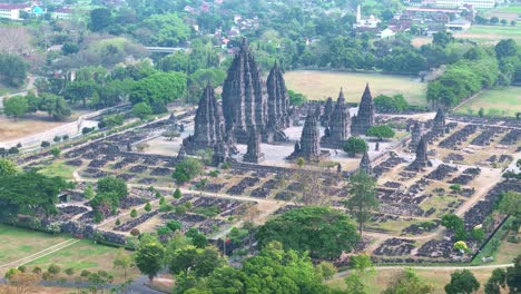 drone shot of prambanan temple located in klaten, central java, indonesia
