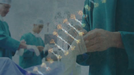 animación de la cadena de adn sobre los cirujanos con máscaras faciales