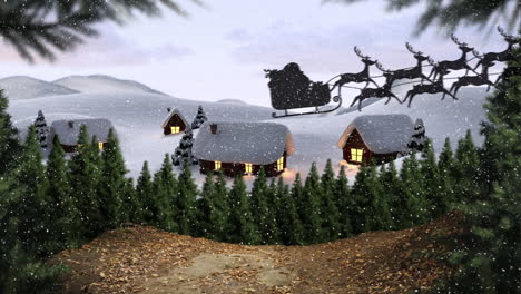 animación de santa claus en trineo con renos sobre la nieve que cae en la ciudad de invierno