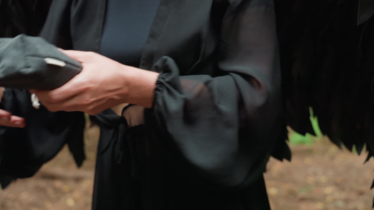 Close up of black fairy placing small green thumb piano into gray bag near fallen trunk in lush forest, dark wings framing gentle motion under soft light, creating peaceful magical atmosphere