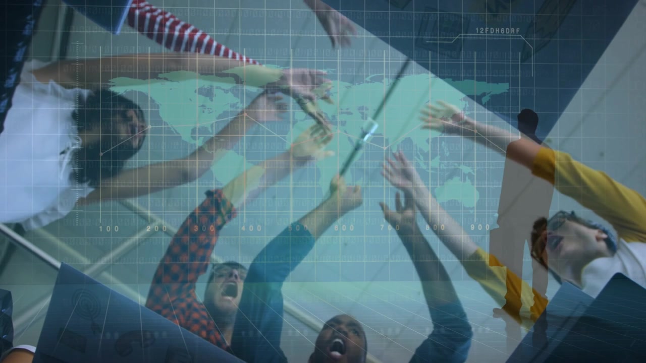 Six teammates starting business huddle, stacking hands, lifting arms, celebrating with map overlay