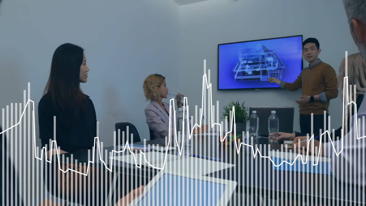 사무실에서 대화하는 다양한 동료들에 대한 데이터 처리 및 다이어그램의 애니메이션