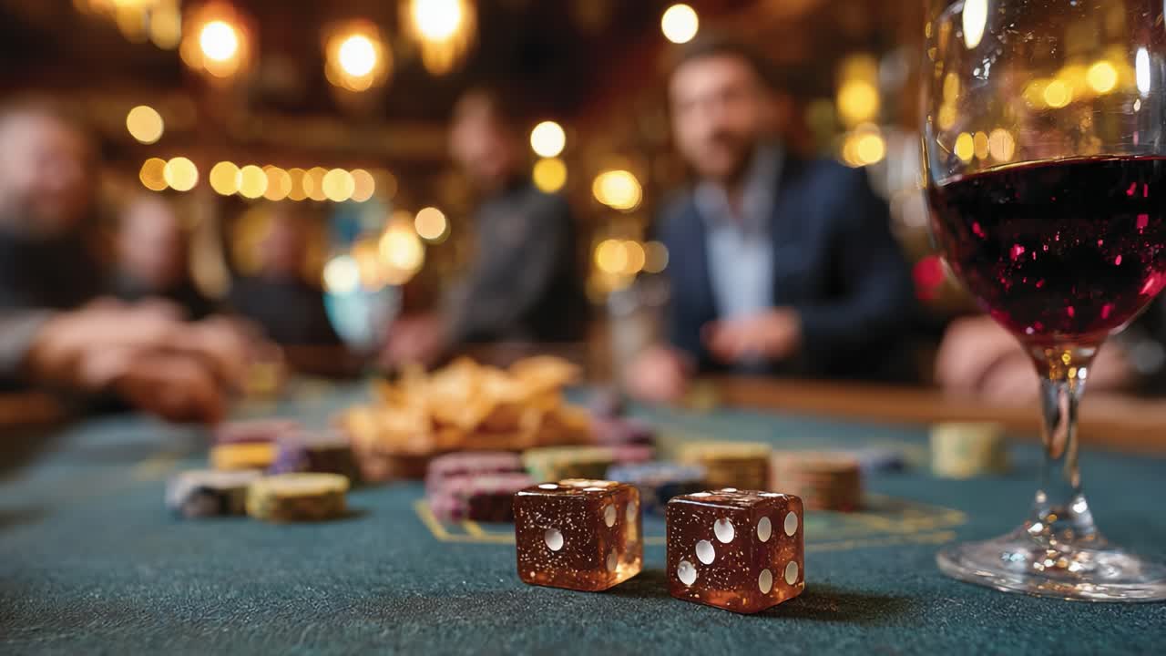 Exciting Moments in a Vibrant Casino: Dice, Wine, and Anticipation Among Friends Gathered Around a Dining Table Under Warm Lighting