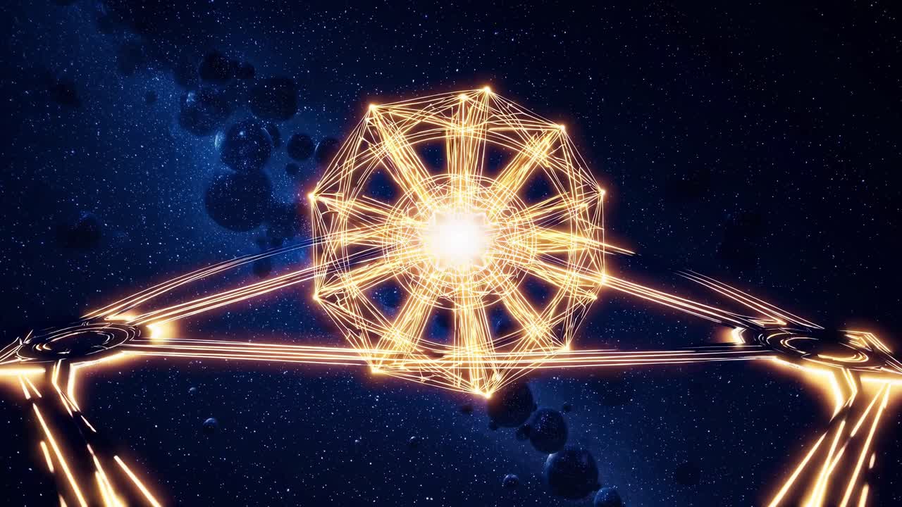 Golden geometric structure radiating luminous energy, pulsing within expansive deep space nebula surrounded by swirling celestial trails and ethereal cosmic elements